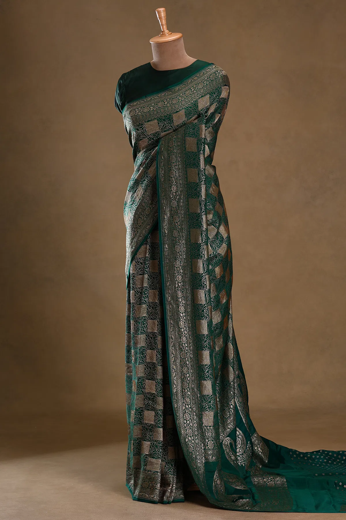 bottle green zari woven banarasi crepe saree
